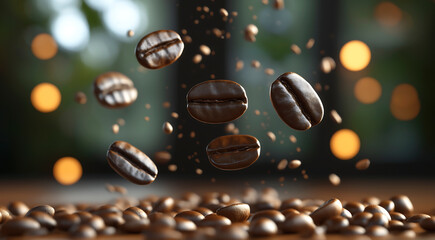 Floating coffee beans in mid-air above a bed of roasted coffee grounds, surrounded by a soft bokeh background, creating a warm and inviting atmosphere for coffee lovers