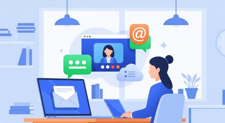 Woman in business attire working on laptops, video-conferencing in a modern office, while receiving emails. A female business professional at a workspace.