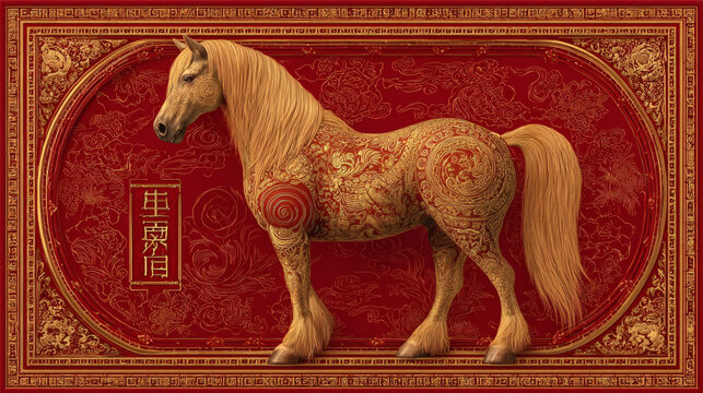 Golden horse with intricate red and gold patterns against a rich red background, framed by ornate borders and Chinese characters.