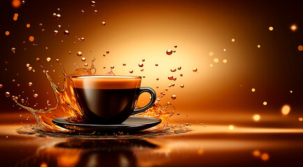 Coffee cup splashing with rich brown liquid, surrounded by droplets, set against a warm golden background, creating a dynamic and inviting beverage scene