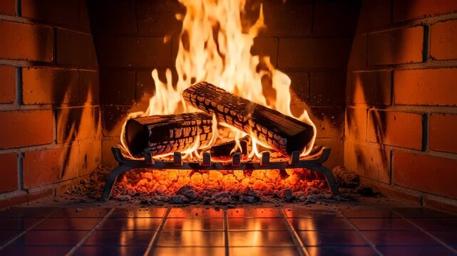 Cozy Fireplace Flames Burning Logs Warm Hearth Glowing Embers Brick Wall Interior Ambiance Cozy 4K Ai HD high quality video.
