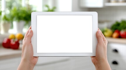 Tablet in Kitchen: A person holds a sleek tablet, the screen glowing in a bright kitchen with fresh produce, hinting at culinary inspiration and digital convenience.