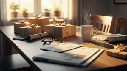Fototapeta premium Wrapped gift boxes on a table with a cup of coffee and newspaper in warm light.