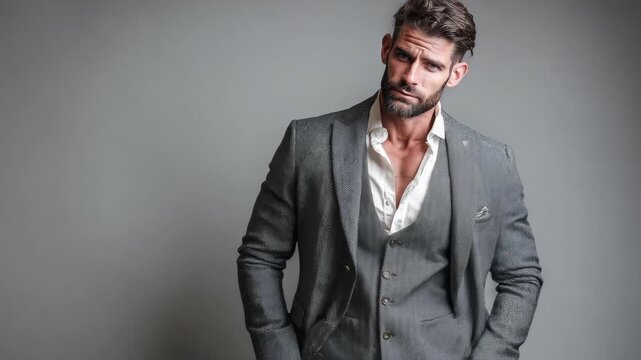 highly attrative gym fit built white man, short brown beard, wearing a fitted 3 piece gray suit with open white fitted button down shirt with the top three bottons open, fancy hair