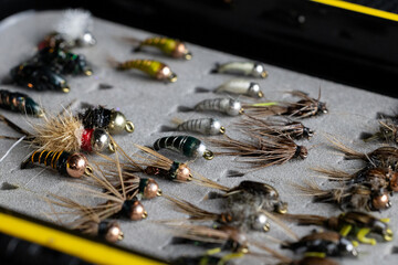 close up on wet fly fishing box 