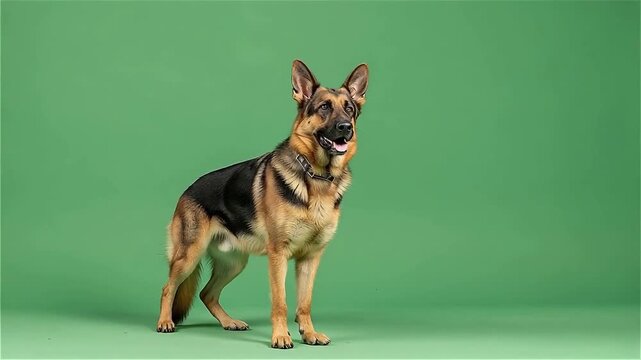 A dog stands on a green screen background.