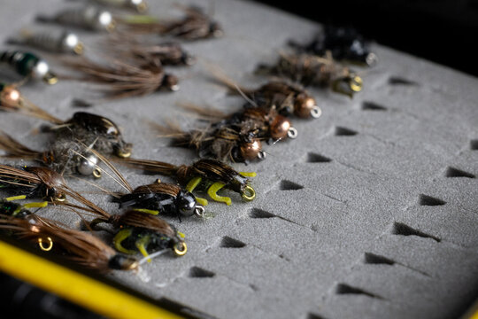 close up of hand tied bugs or insect for fly fishing, tackle box for trout and panfish