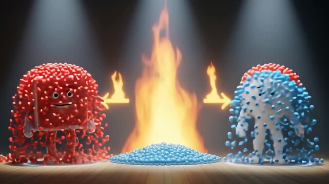 Animated characters demonstrating solid to gas phase transition with fire and arrows science 4K Ai HD high quality video.
