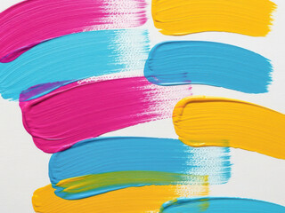 鮮やかな三原色のアクリル絵の具のテクスチャと筆跡