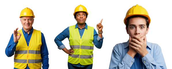 Three Workers in Safety Gear: Two Middle-Aged Men and a Young Man Expressing Different Emotions Against a transparent background