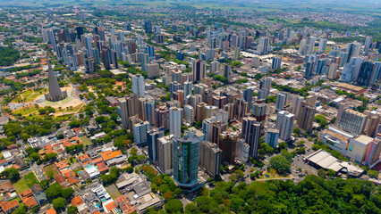 Naklejka premium Aerial View of Maringa, Cathedral and downtown. Several buildings. Paraná, Brazil.