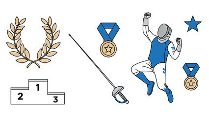 Fencing victory celebration with medal, laurel, and podium symbols