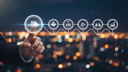 Agile Development Innovation: A hand pointing towards a circular icon with the words Agile Development, representing a process and concept in the field of technology and innovation. 