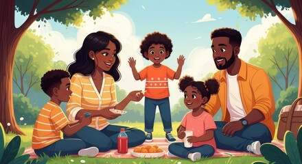 African American family enjoys picnic in park, joyful expressions and interaction. Cartoon illustration.
