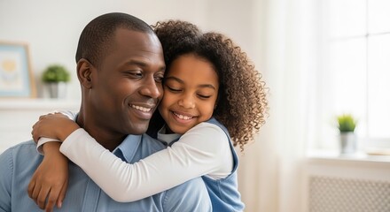 Black father in a button-down embraces his daughter with curly hair, in living room. Father and daughter in a loving embrace at home. Family and love with white background.