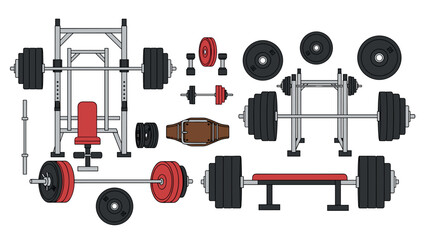 Gym equipment collection for strength training and fitness workouts