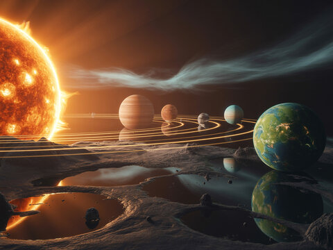 Earth and other planets in solar system with sun and nebulae - Powered by Adobe