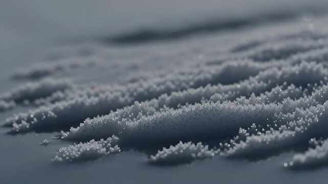 Close up view of ice crystals in nature. Textured macro shot of shimmering snow surface. Winter abstract and cold weather concept.