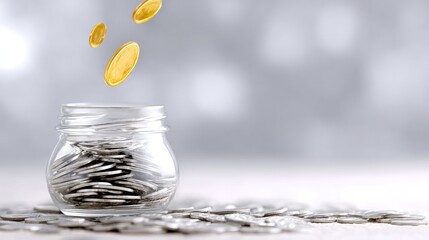Investing and Saving Concept: Close-up on a glass jar overflowing with money coins, with some coins cascading gracefully downwards, evoking the themes of wealth accumulation, savings.