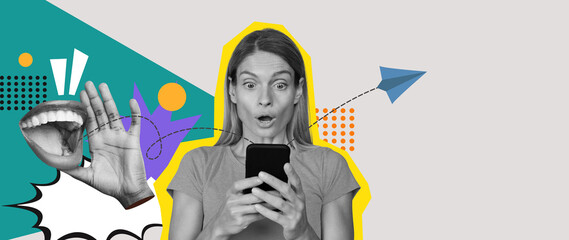 A woman looks surprised as she interacts with her smartphone. The background features colorful graphics and playful elements that enhance her expression of shock and curiosity.