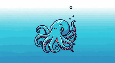Happy cartoon octopus swimming underwater with bubbles and smiling face. © Arc std.