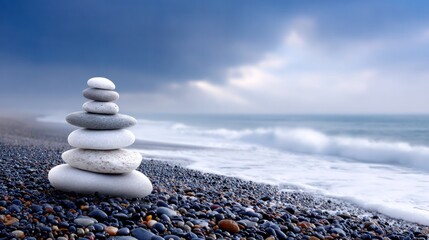 Zen Stone Harmony: A serene stack of balanced stones rests gracefully on a pebbled beach, with the ocean waves gently rolling in the backdrop, inviting tranquility and inner peace.