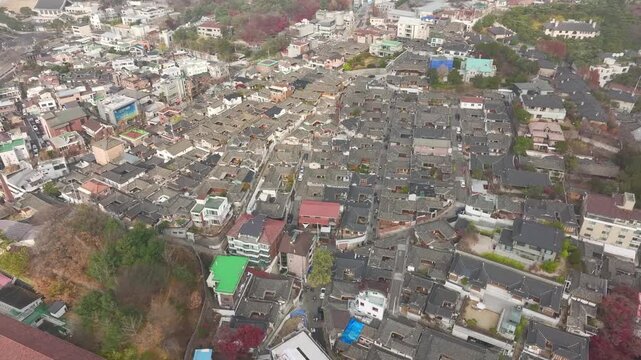 Aerial view of Bukchon Hanok Village rooftops, Seoul.