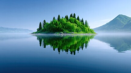 Emerald Isle Serenity: A picturesque island covered in lush green trees sits peacefully in a calm lake, with its reflection mirrored on the water's surface.