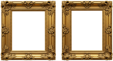 Four identical, vertical 24k gold rococo baroque frames with blank copy space, isolated on a transparent background. Concept for luxury template design