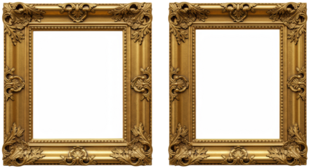 Four identical, vertical 24k gold rococo baroque frames with blank copy space, isolated on a transparent background. Concept for luxury template design