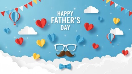 Father's Day greeting with paper hearts, hot air balloons and blue background scene. Celebration of Fatherhood.