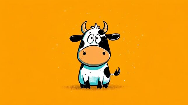 Cute cartoon cow on bright orange background with playful expression