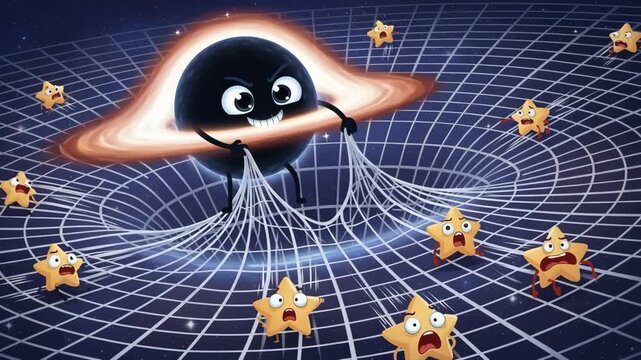Cartoon black hole devouring scared stars in warped space grid cosmic vortex blackhole 4K Ai HD high quality video.
