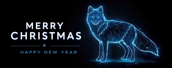 christmas greeting card with digital glowing polar fox illustration