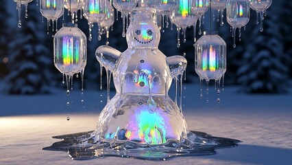 Melting Ice Snowman with Colorful Lights and Icicles in Winter Forest.