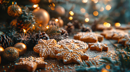 Handmade Christmas cookies, gingerbread cookies on  blurred background of festively decorated Christmas tree lights. Close-up.