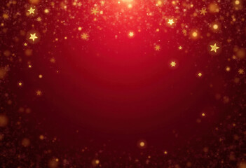 Christmas red background with golden snowflakes, stars and bokeh. Mockup for festive greeting card. Copy space.