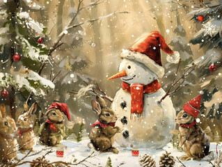 Vintage-style postcard with Snowman wearing red Santa hat and hares in snow-covered forest. Mockup for Christmas greeting card. Copy space.