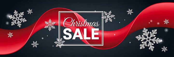 Christmas sale banner with red ribbon and snowflakes design