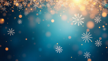 Christmas blue background with golden snowflakes and bokeh. Mockup for festive greeting card template. Copy space