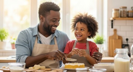 Black father and son in aprons baking cake together with smiles in a bright kitchen. Dad and son sharing baking moment in kitchen.