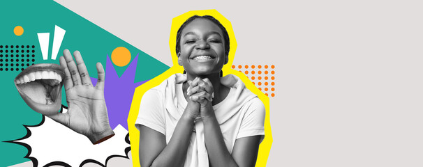 A lively collage features a smiling person expressing happiness. The design incorporates bold...