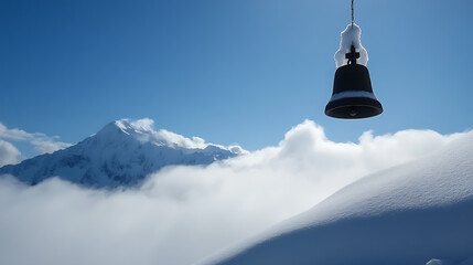 A bell in a wintery scene, with a snow-capped mountain rising above the clouds in the background, under a clear blue sky, brings a sense of serenity and peace.
