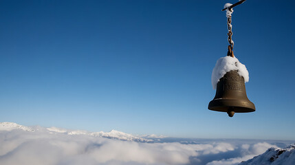 A snow-covered bell hangs against the backdrop of a clear blue sky and mountains shrouded in clouds, creating a serene and picturesque winter scene.
