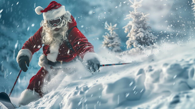 Santa cCaus skiing down the slope on his ski
