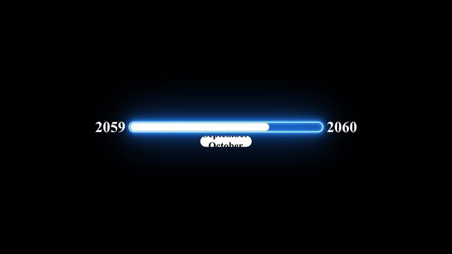 2059 to 2060 loading animation with January 2060 to January 2061 time line on black background, year progress transition, calendar time loading bar, new year change concept