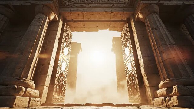 Monumental gates of an ancient stone temple opening with brilliant light flooding through the entrance and dust swirling at the base