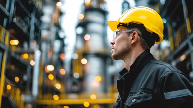 Portrait of Industry maintenance engineer man wearing uniform and safety hard hat on factory station