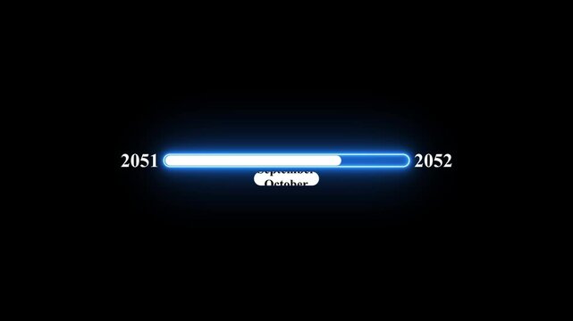 2051 to 2052 loading animation with January 2052 to January 2051 timeline on black background, year progress transition, calendar time loading bar, new year change concept
