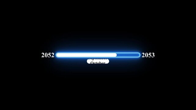 2052 to 2053 loading animation with January 2053 to January 2041 time line on black background, year progress transition, calendar time loading bar, new year change concept